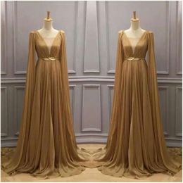 Long Chiffon Arabic Neck V Evening Dress 2019 Capped Ruched Sweep Train Formell Party Prom Gowns BC2027