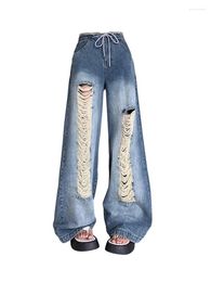 Women's Jeans American Retro Baggy Washed Blue Wide Leg Pants Ripped Hole High Waist Full Length Trousers Ins Korea Fashion Y2k Streetwear