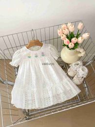 Girl's Dresses 1-5Y Kids Dresses Tulip Embroidery Girls Dresses Hollow Out Kids A Line Dress for Girl H240429