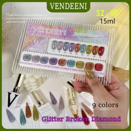 Kits Vendeeni 9 Colors/set Transparent Glitter Broken Diamond Gel Nail Polish Flash High Density Soak Off Colourful UV LED Gel Varnis