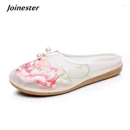 Slippers Women Summer Air Mesh Embroidered Flat Heeled Round Toe Ethnic Mules Ladies Vintage Skirt Slides With Pearls