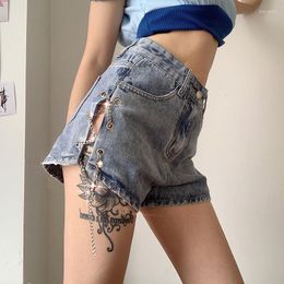 Women's Pants 2024 Ladies Side Slit Metal Chain Denim Shorts Jeans