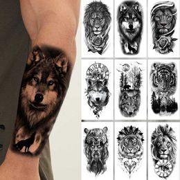 Tattoo Transfer Black Forest Animal Temporary Tattoos for Men Wolf Tattoo Stickers Tiger Skull Skeleton Fake Tattoo for Women Arm Sleave 240427