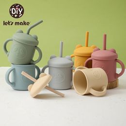 Lets Make Bear Silicone Baby Feeding Cup with Straw BPA Free Silicon Sippy Trainer Straw Cups with Handles Baby Water Bottle 240416