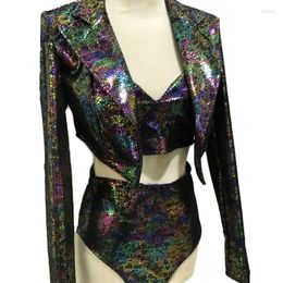 Stage Wear Colorful Laser Bikini Blazers Club Dance Party Rave Outfits Women Singer Dancer Team Performance Show Costume Sexy