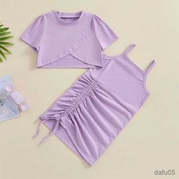 Clothing Sets Baby Clothing Girls Summer Outfits Solid Short Sleeve T-Shirt and Drstring Ruched Sleeveless Dress Children Clothes