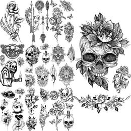 Tattoo Transfer Skeleton Skull Temporary Tattoos For Women Adults Realistic Wolf Snake Rose Flower Feather Fake Tattoo Sticker Back Tatoos Body 240426