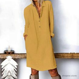 Basic Casual Dresses Lady Dress Trendy Turn-down Collar Autumn Dress Washed Fall Dress Plus Size Pure Colour Midi Dress for Home