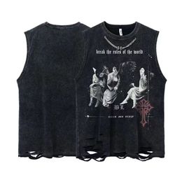 Men's Tank Tops Summer Men's Fashion Washed Sleeveless T-Shirt Hip Hop Letters Graphic Print Gothic Vest Streetwear Harajuku Cotton Tank Top Distressed Women's T-Shirt