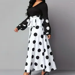 Casual Dresses Flattering A-line Dress V Neck Dot Print Maxi With Ruffle Patchwork Lace-up High Waist Women's Spring Fall