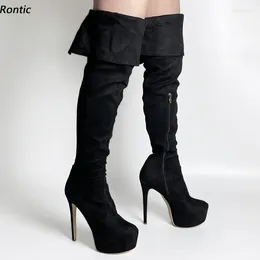 Boots Rontic Handmade Women Winter Over The Knee Faux Suede Sexy Stiletto Heel Round Toe Elegant Black Party Shoes US Size 5-20