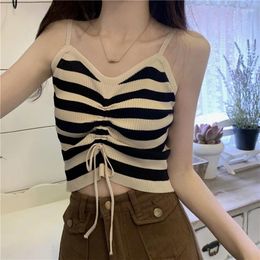 Women's Tanks Summer Women Drawstring Front Striped Knit Tops Femme Sexy V Neck Sleeveless Crop Casual Cropped Tank Top