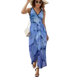 Casual Dresses Vintage Blue Flower Dress Hydrangea Print Aesthetic Boho Beach Long Women Elegant Printed Maxi Gift