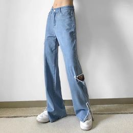 Women's Jeans 2024 Korean Version Of Chic Nailed Beads Ripped Blue Design Sense Pant Leg Slit Loose Draping Trousers Female