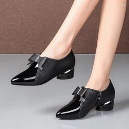 Dress Shoes Spring Autumn Women's Pumps Luxury Black Patent Leather Heels Women Zipper Single Boots Pointed Toe Round Heel Bow