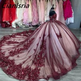 Dark Red Sleeveless Floral Appliques Lace Ball Gown Quinceanera Dresses Illusion Pearls Beading Corset Vestidos De 15 Anos