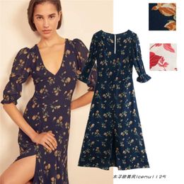 Casual Dresses French Retro Early Spring Fashion All-Match Slim Looking Print V-neck Half Sleeves Front Slit Dress