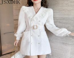 Casual Dresses Temperament OL Short White Tweed Dress 2021 Autumn Lace Trim Notched Double Breasted Lantern Sleeve Blazer Women9852837