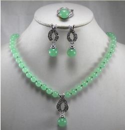 Beautiful Jewellery 8MM Green Jade Pendant Necklace Earring Ring Set5078941