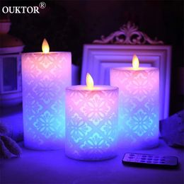 Dancing Flame LED Candle Light with RGB Remote Control Timer Wax Pillar Candle for Wedding Christmas Decoration Room Night Light 240416