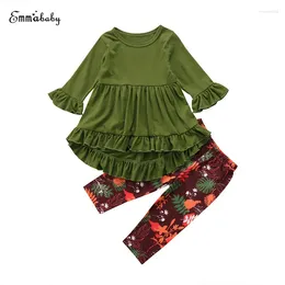 Clothing Sets 2PCS Toddler Kids Girls Ruffles Army Green Mini Dress Tops Floral Pant Legging Outfit Children Set 2-7Y