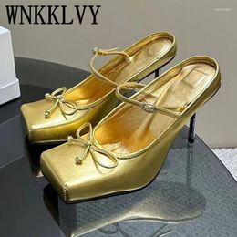 Dress Shoes 2024 Square Head Genuine Leather Sandals Women's Bow Decoration Slim High Heel Slippers Summer Party