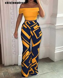 Women's Two Piece Pants Summer 2 Piece Set Women Fashio Print Slash Neck Short-slved Top High-waisted Wide-leg Pants Suit Women 2 Piece Suit Y240426