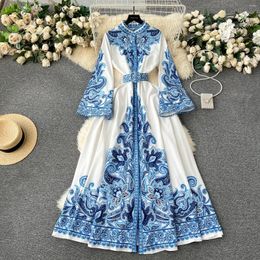 Casual Dresses Fashion Bintage Blue Floral Print Dress Spring Female Clothing Stand Long Flare Sleeve Single Breasted Belt Maxi For Women