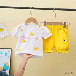 Clothing Sets 2021 New Children Summer Cotton Kids Girls Flower Clothes T Shirt Rainbow Shorts Pants 2Pcs/Sets Leisure Kids Toddler Tracksuit