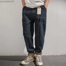 Men's Jeans Retro work jeans autumn mens loose multi bag straight pantsL2404