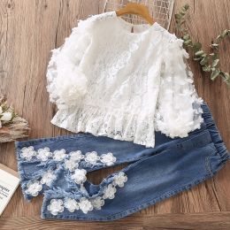 Mirrors Clothes for Teenagers Children Clothing Sets White Lace Blouses & Jeans Suit for Girls Spring Cute Baby Kids Clothes 4 14 Y