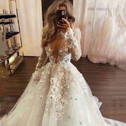 Spitzenblumenkleider Hochzeit Illusion Linie sexy eine Applikation lang Ärmel Boho Beach Brautkleider Deep V-Neck Elfenbein Tüll Braut Kleid Vestido de Novia pplique