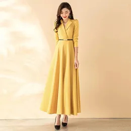 Casual Dresses Women Spring Autumn Long Dress Elegant Fashion Suit Collar Sleeve Slim Simplicity Overlength Yellow