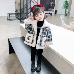 Down Coat Girls Plaid Jacket 2024 Autumn Winter Children's Plus Velvet Thick Warm Kids Fashionable Fur Collar Parka