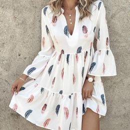 Casual Dresses Feather Print Bell Sleeve Ruffles Dress Women Y2k Punk Elegant Holiday Loose Summer Gothic Maxi Work Goth Vestidos