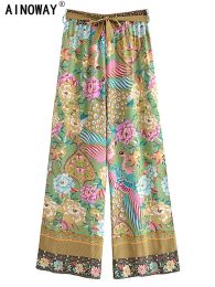 Capris Vintage Chic Women Peacock Floral Print Bohemian Wide Leg Pants Lady Elastic Waist Loose Rayon Boho Long Pants Oversize Trousers