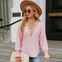 Women's Blouses Women Elegant Top Hollow Lace Blouse Stylish V-neck Patchwork Contrasting Colours Out For Spring