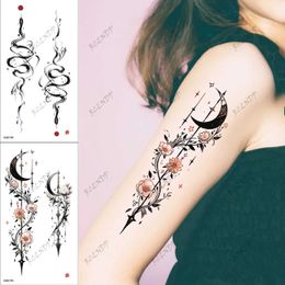 Tattoo Transfer 2pcs Waterproof Temporary Tattoo Sticker Ink painting of snakes with starry moon flowers Fake Tatto Flash Tatoo Tato for Women 240426