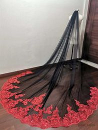 Wedding Hair Jewelry Black Tulle Wedding Veil with Glitter Sequins Red Lace One Layer 3 Meters Long Bridal Veil with Comb Velo De Novia Bride Veils