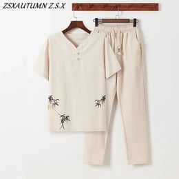 Chinese Retro Style Tang Suit Men Set Linen Zen Tea Tee Top Pants Kung Fu Uniform Oriental Fashion Casual Loose T-shirt Trousers 240415