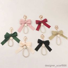 Keychains Lanyards Imitation Pearl Keychain Sweet Fashion Ribbon Bowknot Keyring Accessories Metal Buckle Women Bag Charms Best Gifts Jewelry