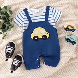 Clothing Sets Baby Boy Overalls Two Piece Jumpsuit Short Sleeve Romper Round Neck Striped Car Patch Bodysuit Infant Summer Clothes