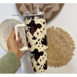 US STOCK 40Oz H2.0 Stainless Steel Tumblers Cups With Lids And Straw Cheetah Animal Cow Print Leopard Heat Preservation Travel Car Mugs Large Capacity Water 0426