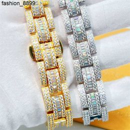 in Stock Fashion New Desgin Vvs Moissanite Baguette Cut Mens Brand Watch Miami Cuban Chain Link Bracelet