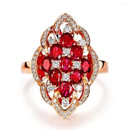 Cluster Rings Luxury Ruby Gemstones Diamonds For Women Femme Rose Gold Colour Anillos Mujer Bague Red Crystal Jewellery Biling Bijoux Gift