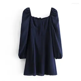 Party Dresses Evfer Women Vintage Square Collar Long Sleeve Elastic High Waist Blue Mini Chic Lady Sprint Casual Back Zippe Slim Dress