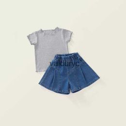 Clothing Sets New Summer Kids Clothes Set Girls Cute Grey T-shirt + Denim Shorts Suit ldren Boys Outwear H240429