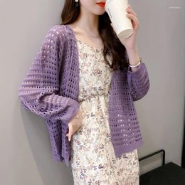 Women's Knits Summer Hollow Thin Knitted Cardigan Outer Wear Loose Air-conditioning Shirt V-neck Sun Protection Clothing