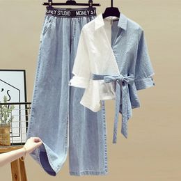 Summer Stitched Chiffon Long Sleeve Shirt Female Pant Set Elegant Womens Jeans Casual Ladies Blouse Two Piece 240423