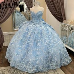 Sky Blue Glitter Sequined Crystal Ball Gown Quinceanera Dresses Sweetheart Appliques Lace Bow Corset Vestidos De 15 Anos